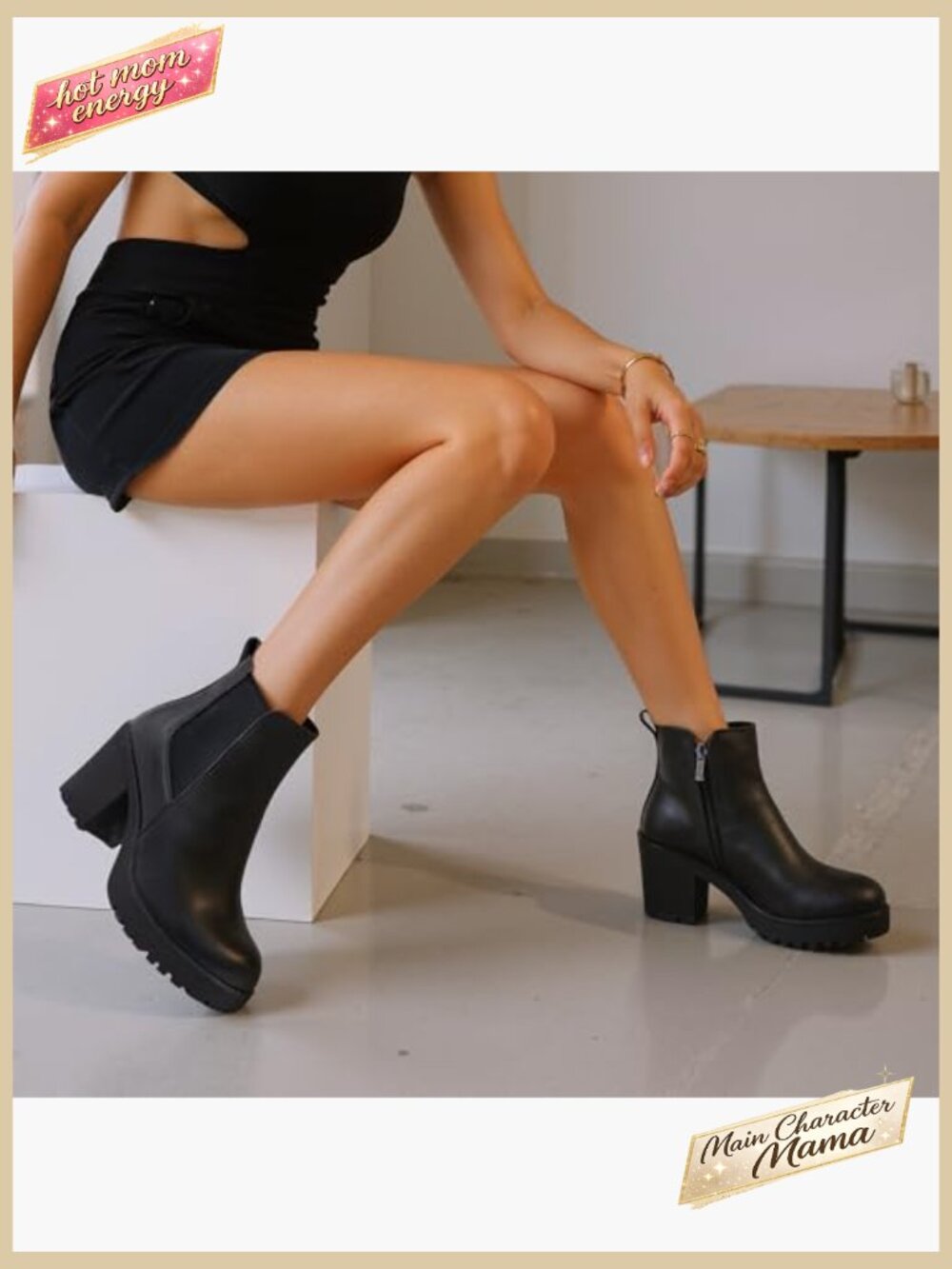 Chunky Heeled Ankle Boots Platform Chelsea Retro Booties Side Zip Faux Leather - Picture 3 of 7
